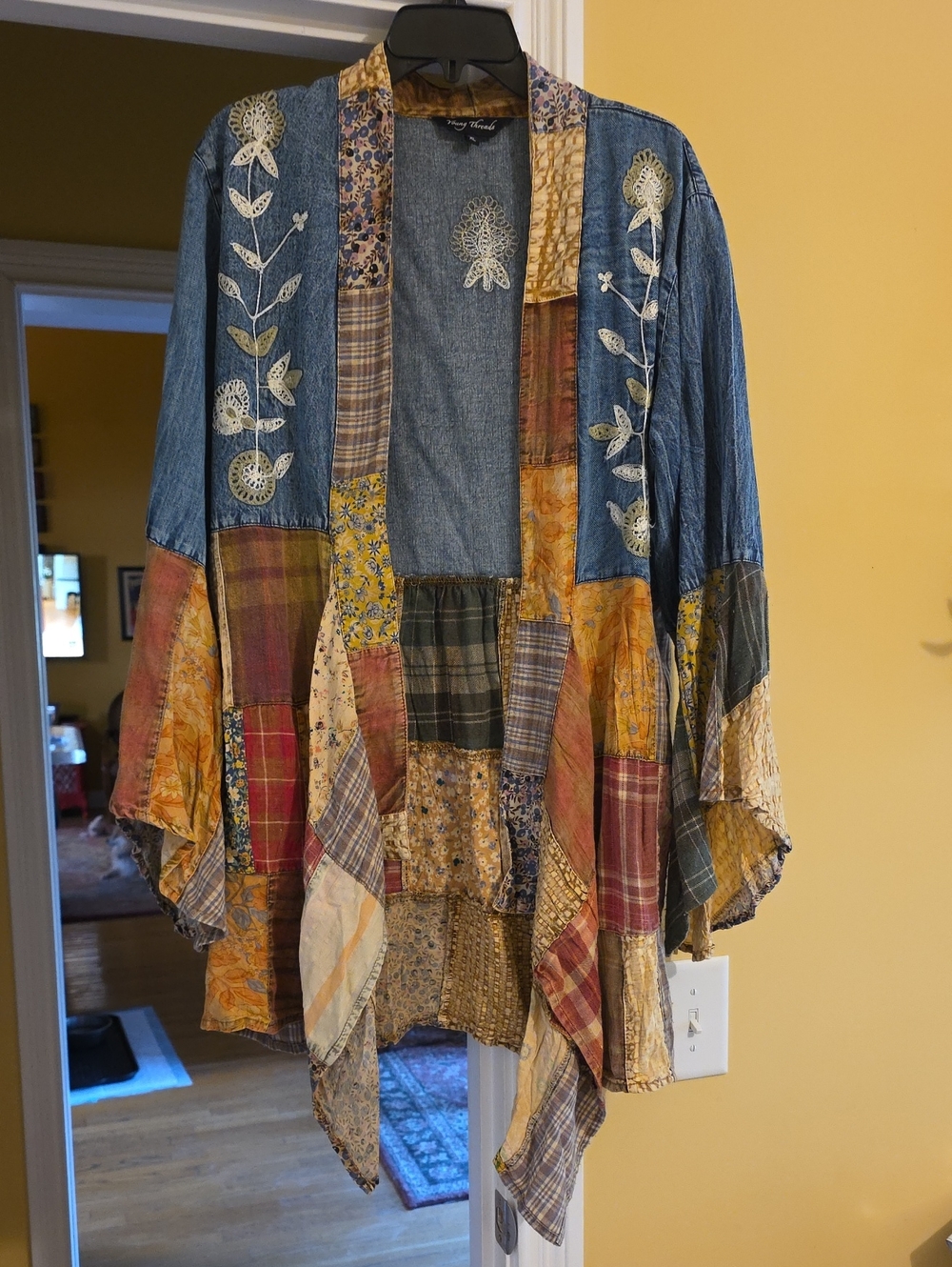 NWOT Vintage-Inspired Patchwork Denim Kimono Jacket - Blue Multi